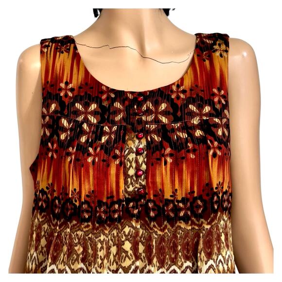 Chris Mclaughlin Chiffon Shift Dress 12 Sleeveless Boho Geo Tribal Orange Brown - Picture 5 of 13